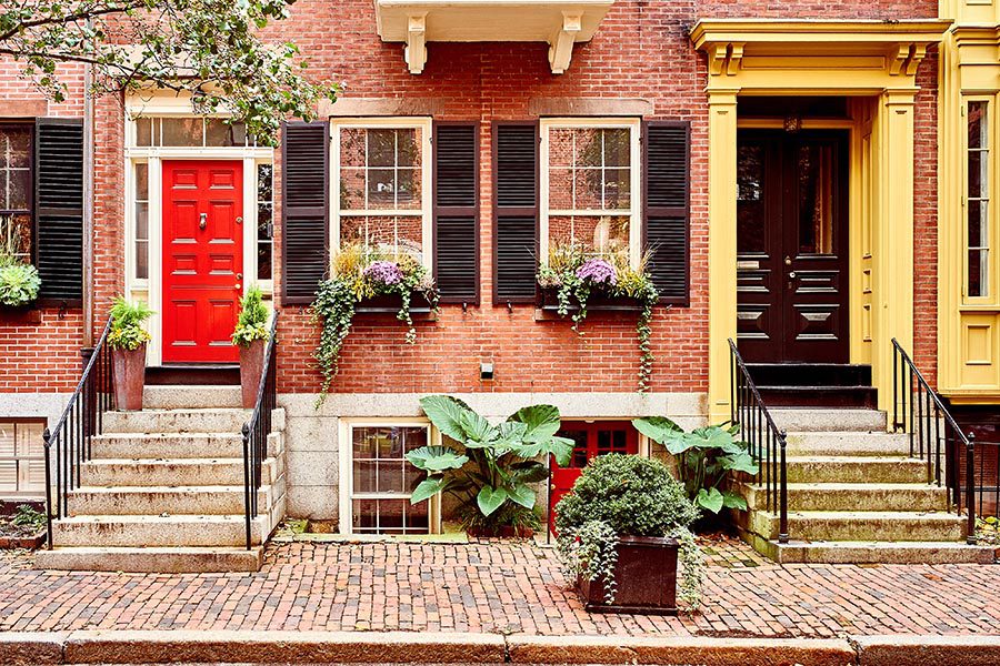 Personal Insurance - Row Homes in Boston, Massachusetts, With Red Brick, Black Shutters, Planters and Brick Sidewalks